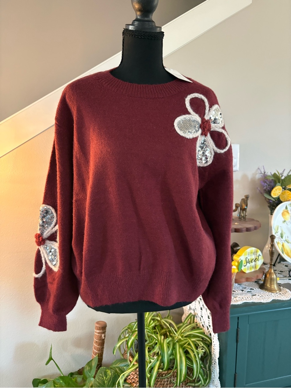 Everly Burgundy Crewneck Sweater with Sequin Floral Appliqué